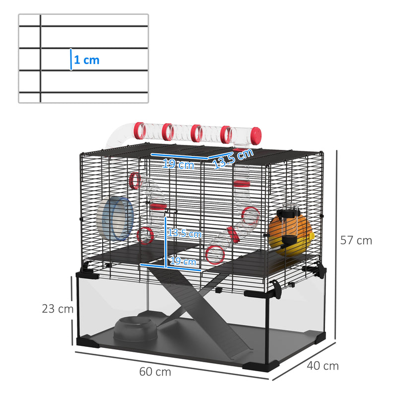Gerbil Cage Dwarf Hamster Cage, with Deep Glass Bottom, Tunnels, Hut, Exercise Wheel, 60 x 40 x 57cm