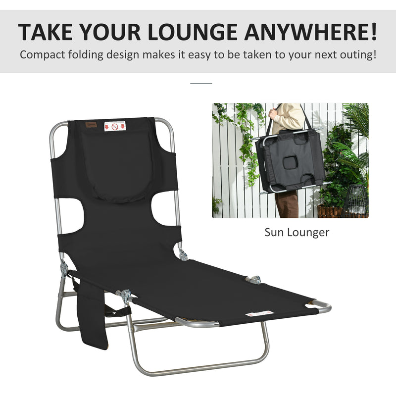 Foldable Sun Lounger, Beach Chaise Lounge with Reading Hole, Arm Slots, 5-Position Adjustable Backrest, Side Pocket, Pillow for Patio Black