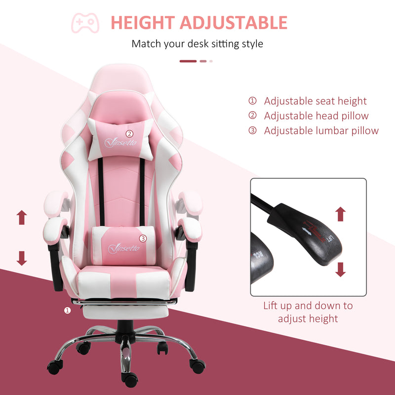 Racing Gaming Chair with Lumbar Support, Head Pillow, Swivel Wheels, High Back Recliner Gamer Desk Chair for Home Office, Pink