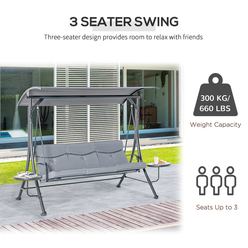 3 Seater Garden Swing Chair with Adjustable Canopy, Cushion and Coffee Tables for Outdoor Patio Garden Grey