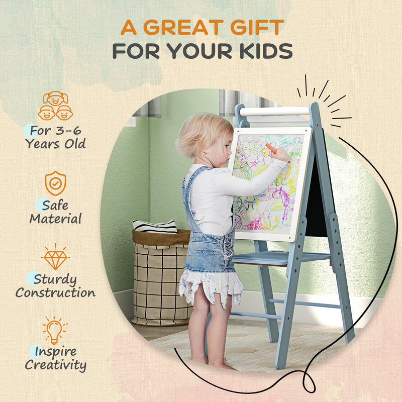 Art Easel for Kids with Paper Roll, Height Adjustable Double-Sided Whiteboard Chalkboard, 3 in 1 Easel, for Ages 3-6 Years