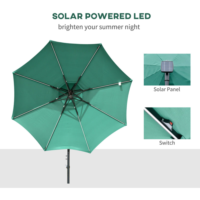 3(m) Cantilever Parasol Banana Hanging Umbrella with Double Roof, LED Solar lights, Crank, 8 Sturdy Ribs and Cross Base Green