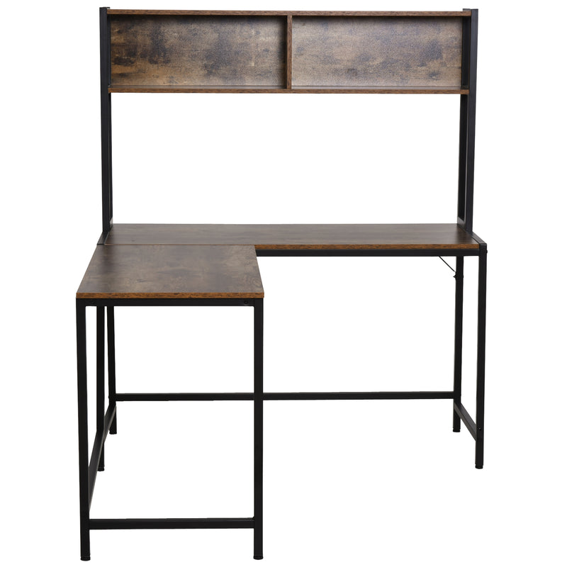 Industrial L-Shaped Work Desk & Storage Shelf Steel Frame Adjustable Feet Corner Workstation Home Office Study Stylish Brown Black