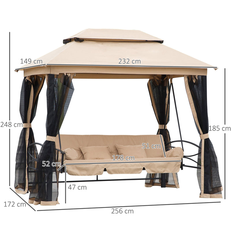 3 Seater Swing Chair 3-in-1 Convertible Hammock Bed Gazebo Patio Bench Outdoor with Double Tier Canopy, Cushioned Seat, Mesh Sidewalls, Beige