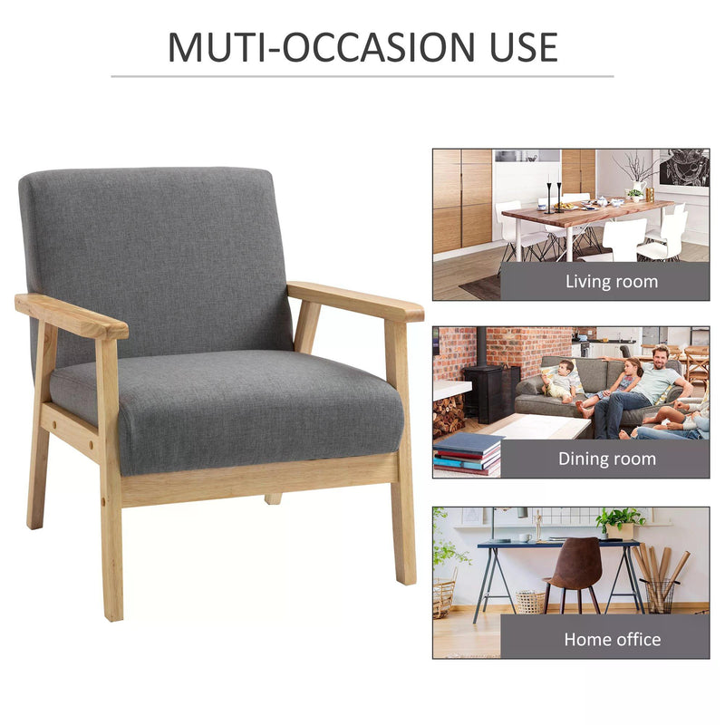 Minimalistic Accent Chair Wood Frame w/Thick Linen Cushions Wide Seat Mid Century Armchair Home Furniture Bedroom Office Grey