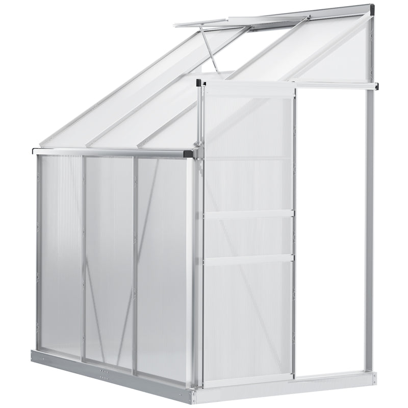 Walk-In Greenhouse Lean to Wall Polycarbonate Garden Greenhouse with Adjustable Roof Vent, Rain Gutter and Sliding Door, 6 x 4 ft