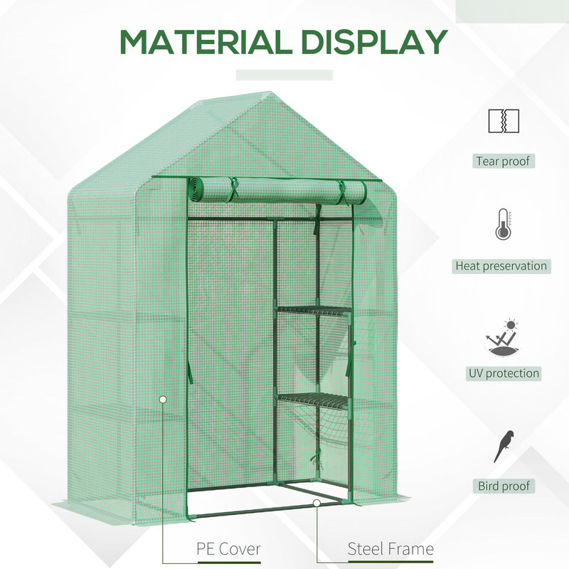 Walk-In Greenhouse Portable Gardening Plant Grow House with 2 Tier Shelf, Roll-Up Zippered Door and PE Cover, 141 x 72 x 191 cm