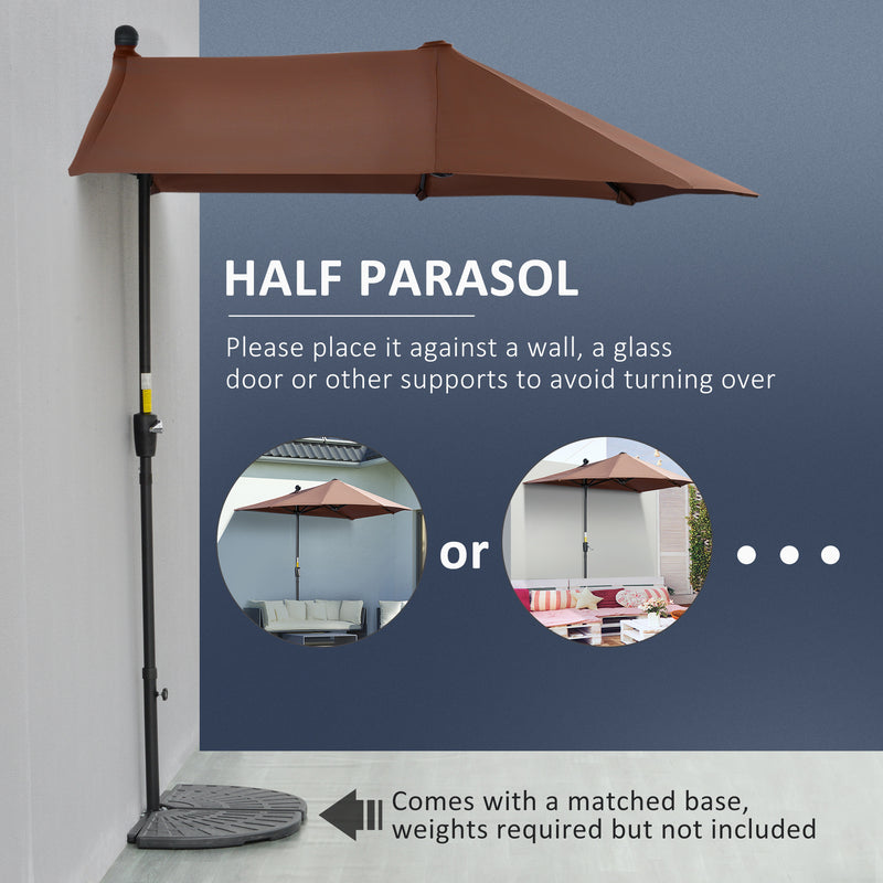 2m Half Parasol Market Umbrella Garden Balcony Parasol with Crank Handle, Base, Double-Sided Canopy, Coffee