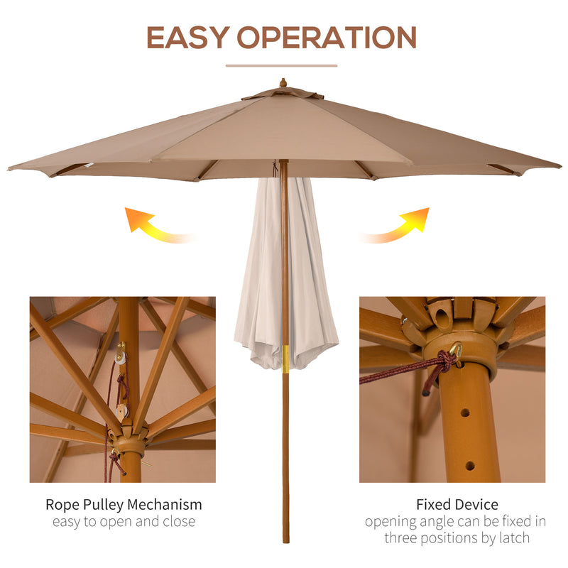 3(m) Garden Umbrella Wooden Parasol 8 Ribs Bamboo Sun Shade Patio Outdoor Umbrella Canopy Khaki