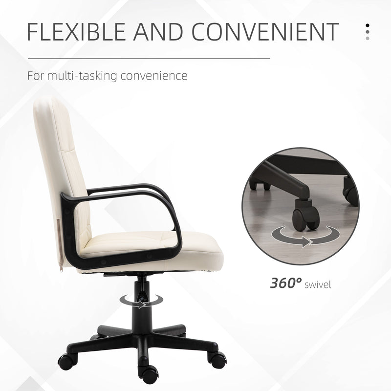 Swivel Executive Office Chair Home Office Mid Back PU Leather Computer Desk Chair for Adults with Arm, Wheels, Cream