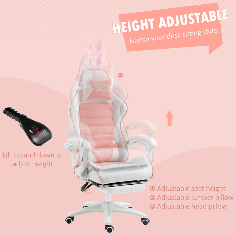 Racing Gaming Chair, Reclining PU Leather Computer Chair with Removable Rabbit Ears, Footrest, Headrest and Lumber Support, Pink