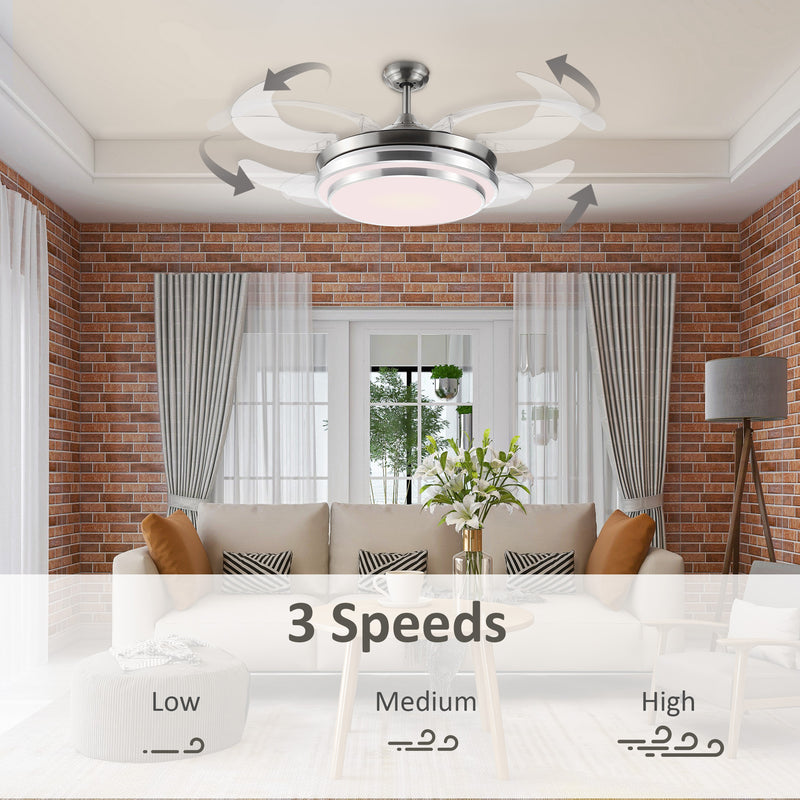 Indoor Ceiling Fan with Light, Retractable Blades, Modern Mount Dimmable LED Lighting Fan with Remote Controller, for Bedroom, Living Room