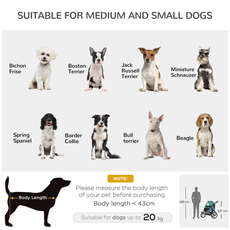 Pet Stroller Jogger for Medium, Small Dogs, Foldable Cat Pram Dog Pushchair w/ Adjustable Canopy, 3 Big Wheels - Dark Green