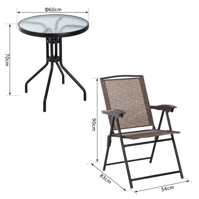 3 Piece Patio Furniture Garden Bistro Set Outdoor 2 Folding Chairs 1 Tempered Glass Table Adjustable Backrest Metal - Brown