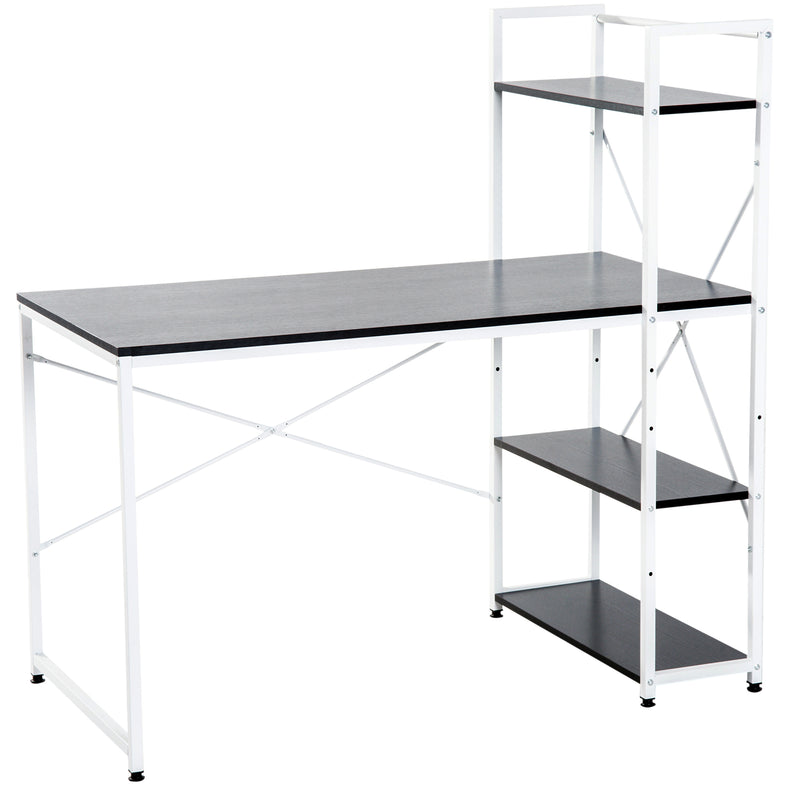 Computer Desk PC Table Study Workstation Home Office with 4-tier Bookshelf Storage Metal Frame Wooden Top (Black & White)