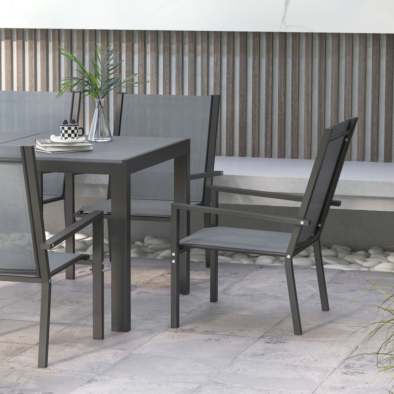 7 Pieces Garden Dining Set with Wood-plastic Composite Dining Table, and 6 Stackable Armchairs with Breathable Mesh Fabric
