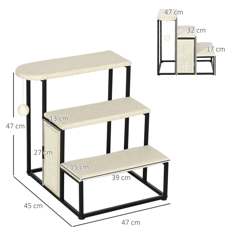 Cat Stairs, 3 Steps for Sofa, Pet Steps with Sisal Scratching Board and Hanging Ball, Steel Frame, 47 x 45 x 47 cm, Cream White