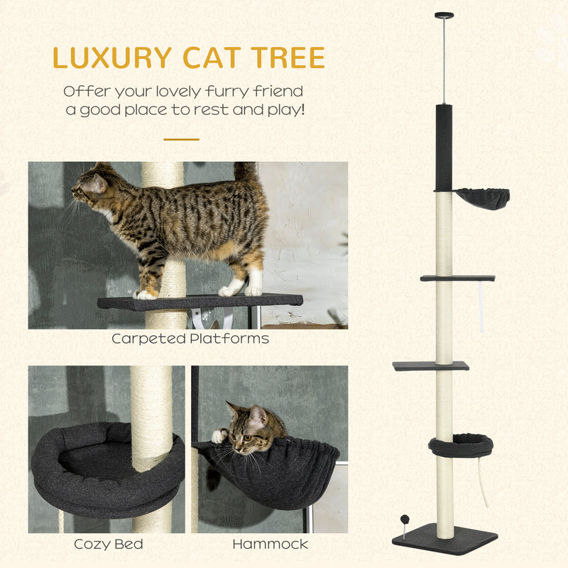 5-Tier Cat Tree, Floor To Ceiling Cat Tree, Cat Tower with Adjustable Height, Multi-level Cat Climbing Tree with Scratching Posts, Black