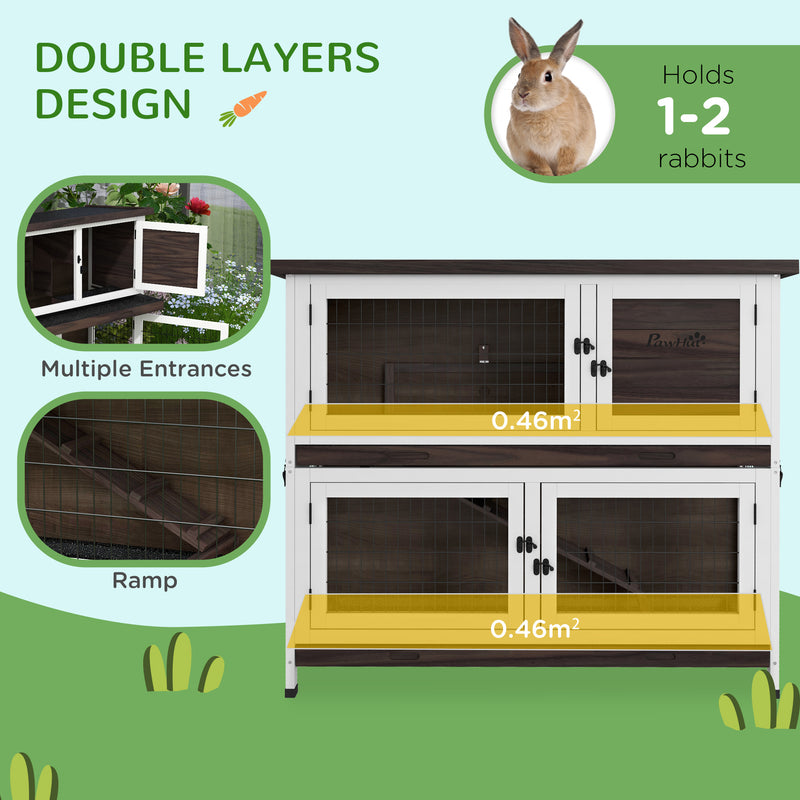 2 Tiers Rabbit Cage Outdoor Guinea Pig Hutch with Sliding Trays, Asphalt Roof, No Screws Installation, for 1-2 Rabbits
