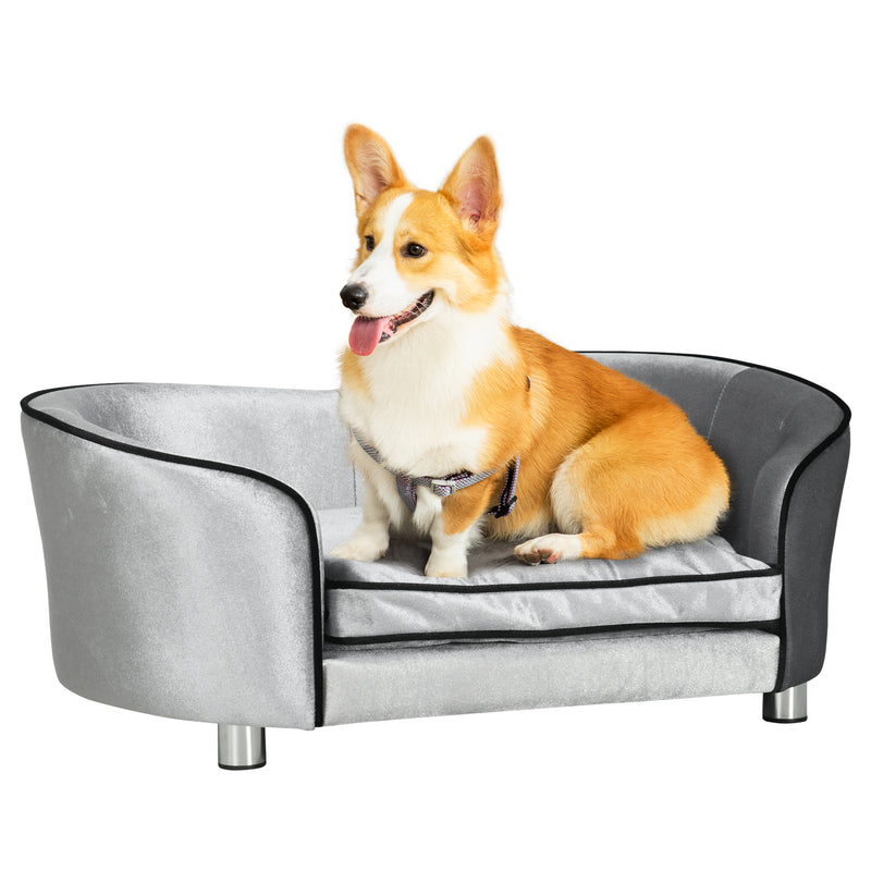 Dog Sofa Bed for Miniature Dogs, Pet Chair Couch Kitten Lounge with Soft Washable Cushion, Thick Sponge, Wooden Frame, Storage Pocket