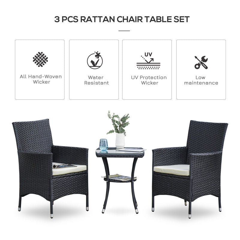 Garden Outdoor Rattan Furniture Bistro Set 3 PCs Patio Weave Companion Chair Table Set Conservatory (Black)
