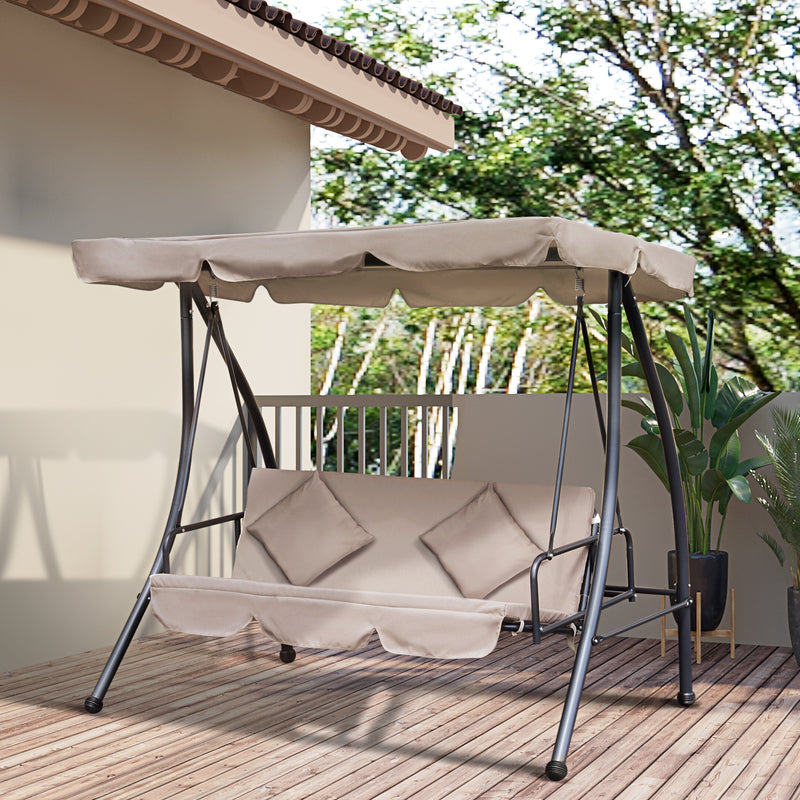 Outdoor 2-in-1 Patio Swing Chair Lounger 3 Seater Garden Swing Seat Bed Hammock Bed Convertible Tilt Canopy W/ Cushion, Beige