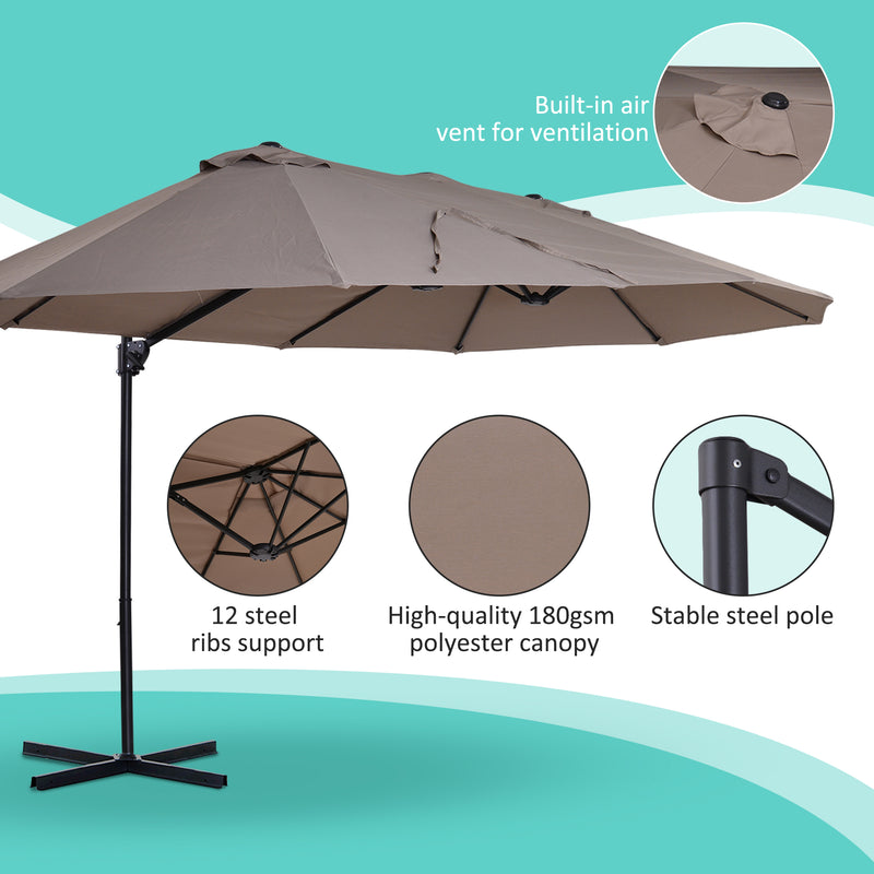 Double Canopy Offset Parasol Umbrella Garden Shade with 12 Support Ribs Crank Handle Easy Lift Twin Canopy Brown