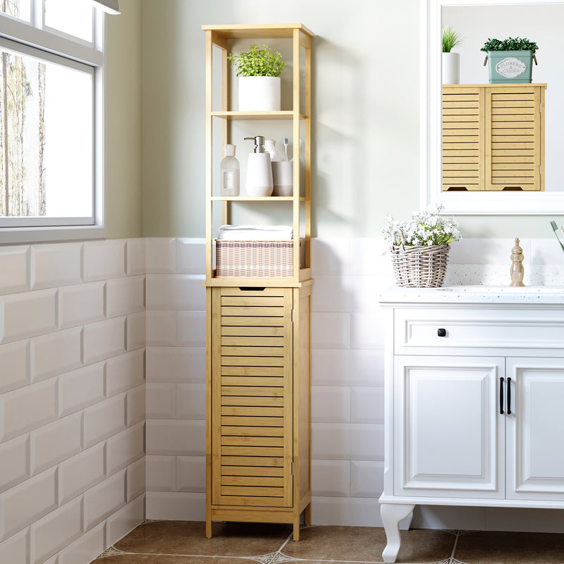 Bathroom Floor Cabinet with 3 Shelves and Cupboard, Slim and Freestanding Organiser, Tallboy with Storage, Natural