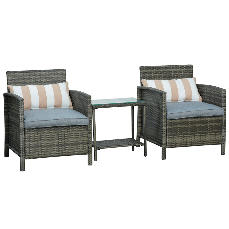 Garden Rattan Furniture 3 Pieces Patio Bistro Set Wicker Weave Conservatory Sofa Chair & Table Set with Cushion Pillow - Grey