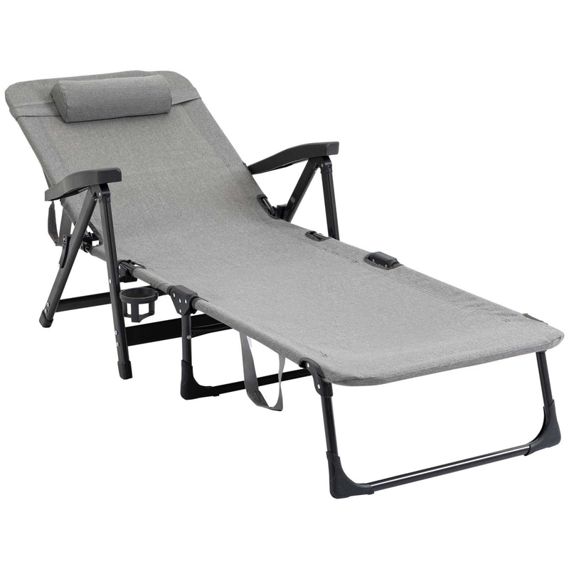 Folding Sun Lounger, Mesh Fabric Chaise Lounge Chair, 7-Reclining Position Sleeping Bed with Pillow & Cup Holder for Poolside, Light Grey