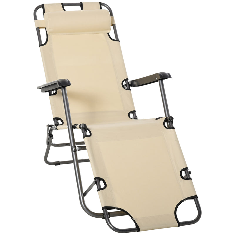 2 in 1 Sun Lounger Folding Reclining Chair Garden Outdoor Camping Adjustable Back with Pillow Beige