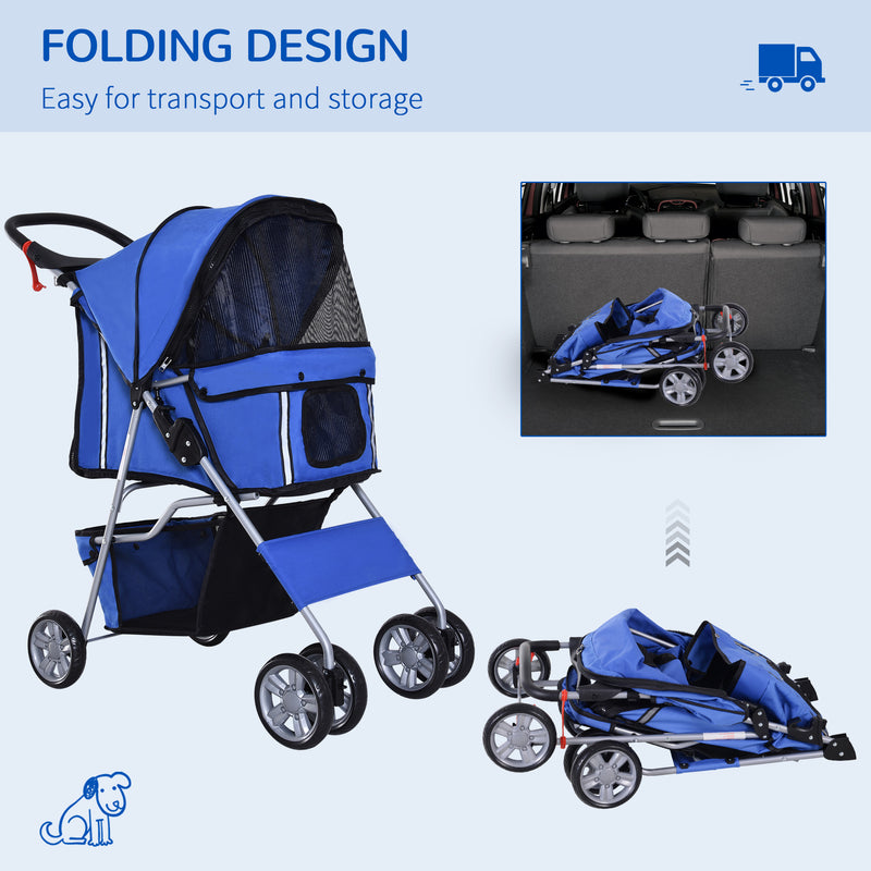 Dog Stroller with Rain Cover for Small Miniature Dogs, Folding Pet Pram with Cup Holder, Storage Basket, Reflective Strips, Blue