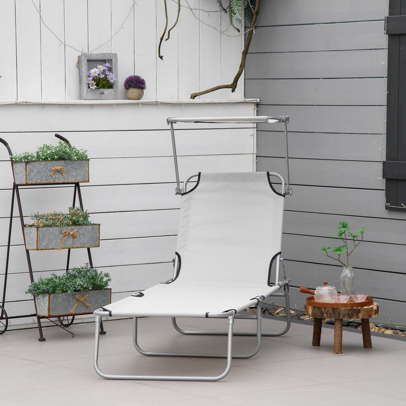 Reclining Chair Folding Lounger Seat with Sun Shade Awning Beach Garden Outdoor Patio Recliner Adjustable, Light Grey