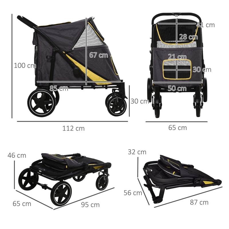 Pet Stroller with Universal Front Wheels, Shock Absorber, One Click Foldable Dog Cat Carriage with Brakes, Storage Bags, Mesh Window Dark Grey