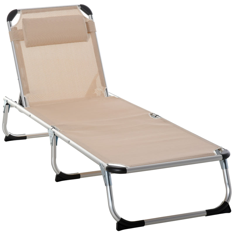 Foldable Reclining Sun Lounger Lounge Chair Camping Bed Cot with Pillow 5-Level Adjustable Back Aluminium Frame Khaki