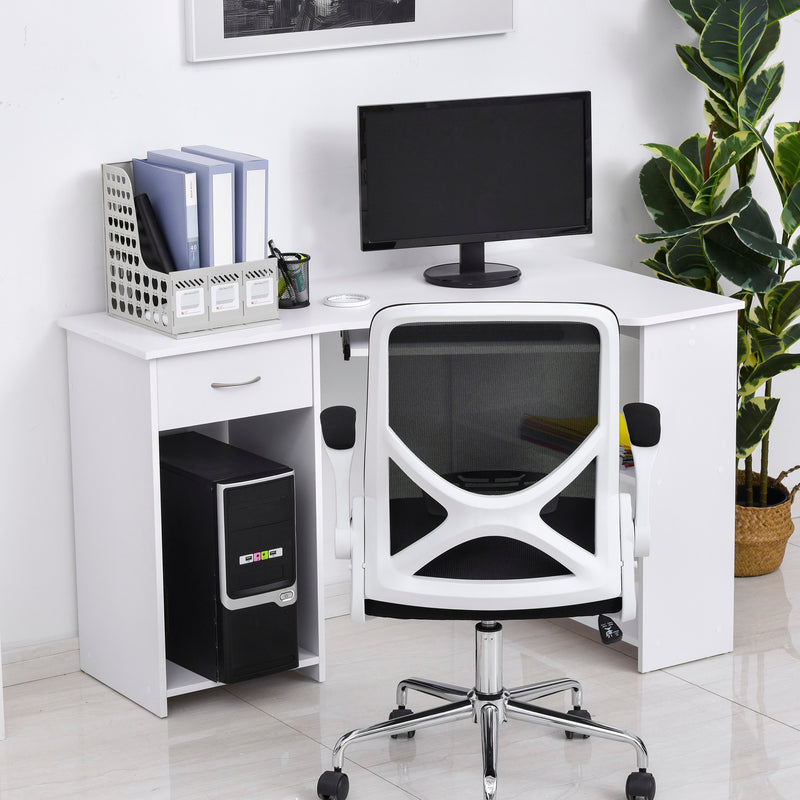 L-Shaped Corner Computer Desk w/ 2 Shelves Wide Worktop Keyboard Tray Drawer & CPU Stand Home Office Study Bedroom Furniture White