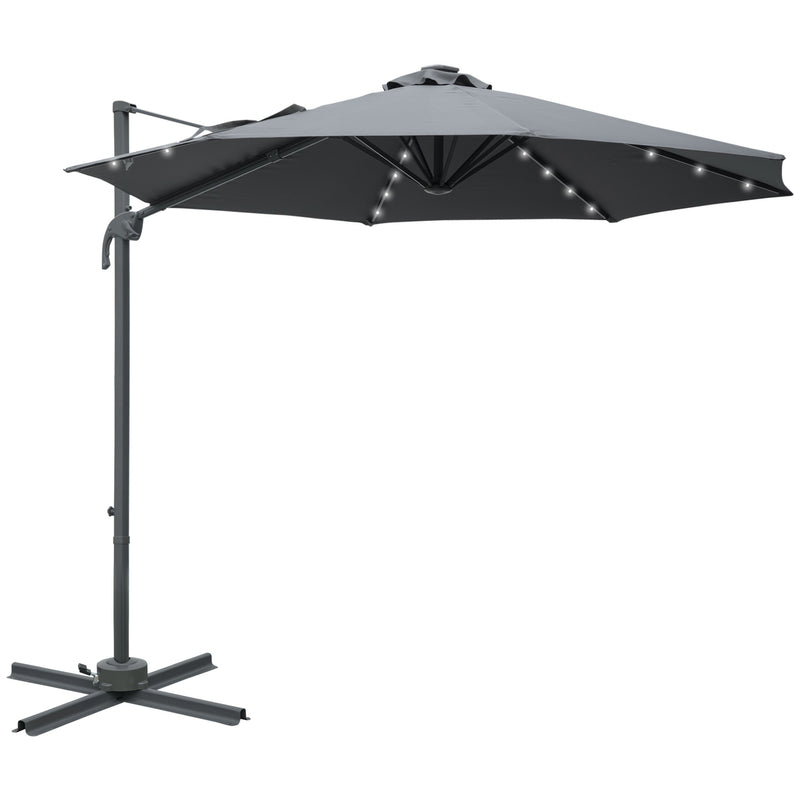 3(m) Square Outdoor Umbrella Patio Sun Umbrella with Crank & Tilt LED Solar Light Cross Base 360° Rotating Outdoor, Dark Grey