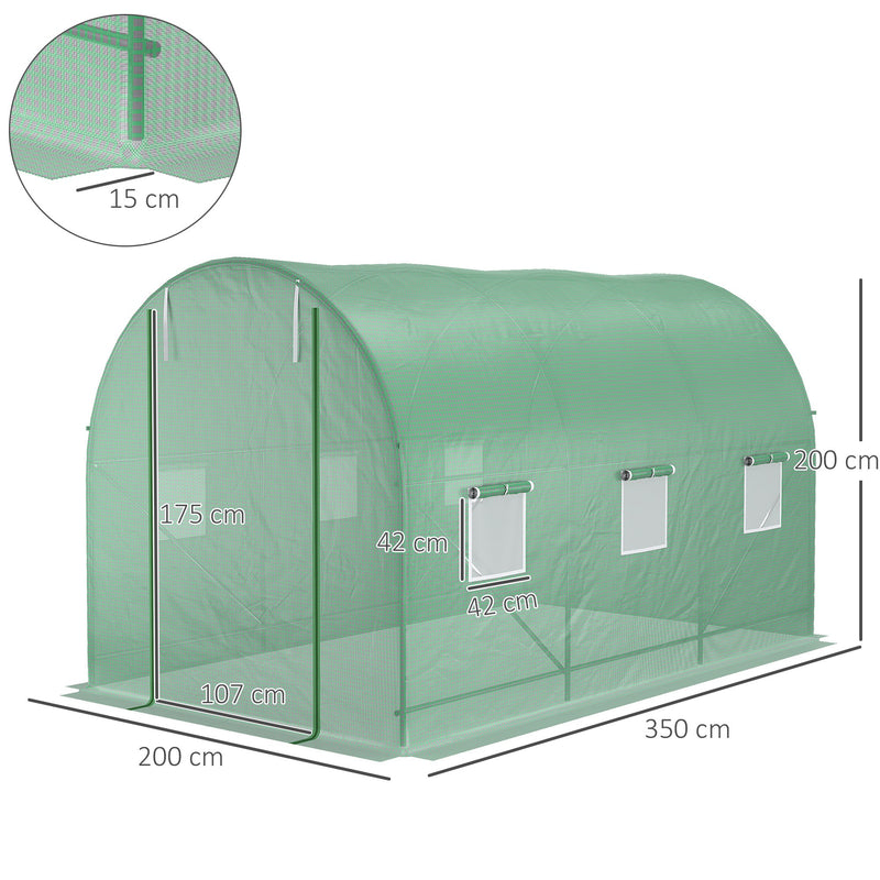 3.5 x 2 x 2 m Polytunnel Greenhouse, Walk in Pollytunnel Tent with Steel Frame, PE Cover, Roll Up Door and 6 Windows, Green