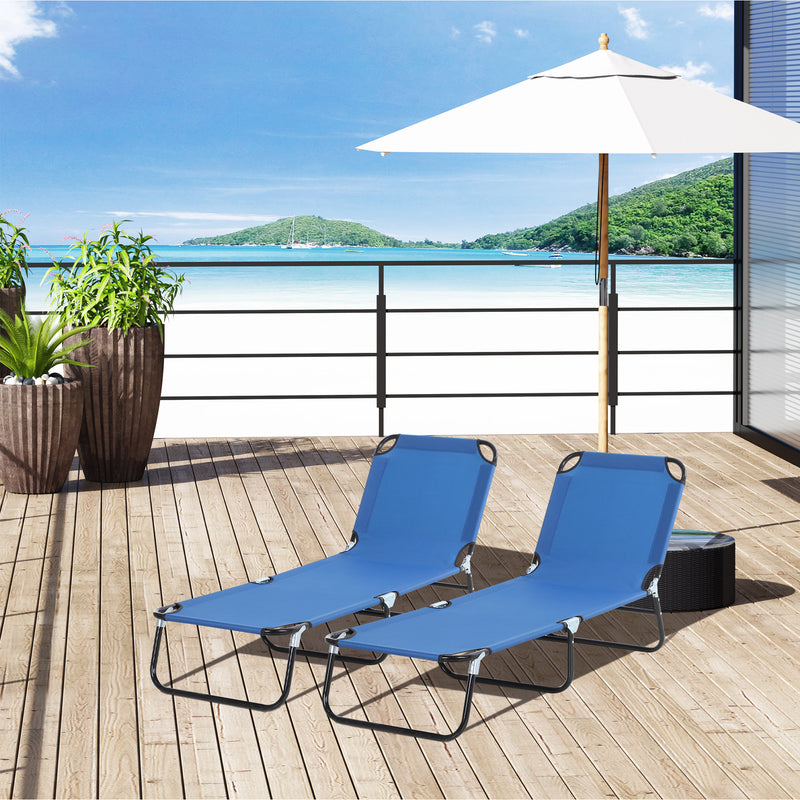 2 Pcs Foldable Sun Lounger Set w/ 5-Position Adjustable Backrest, Portable Relaxer Recliner w/ Lightweight Frame Great for Sun Bathing, Blue