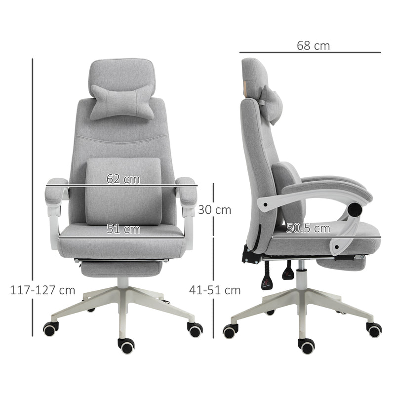 Home Office Chair w/ Manual Footrest Recliner Padded Modern Adjustable Swivel Seat w/ 2 Pillows Armrest Ergonomic Grey