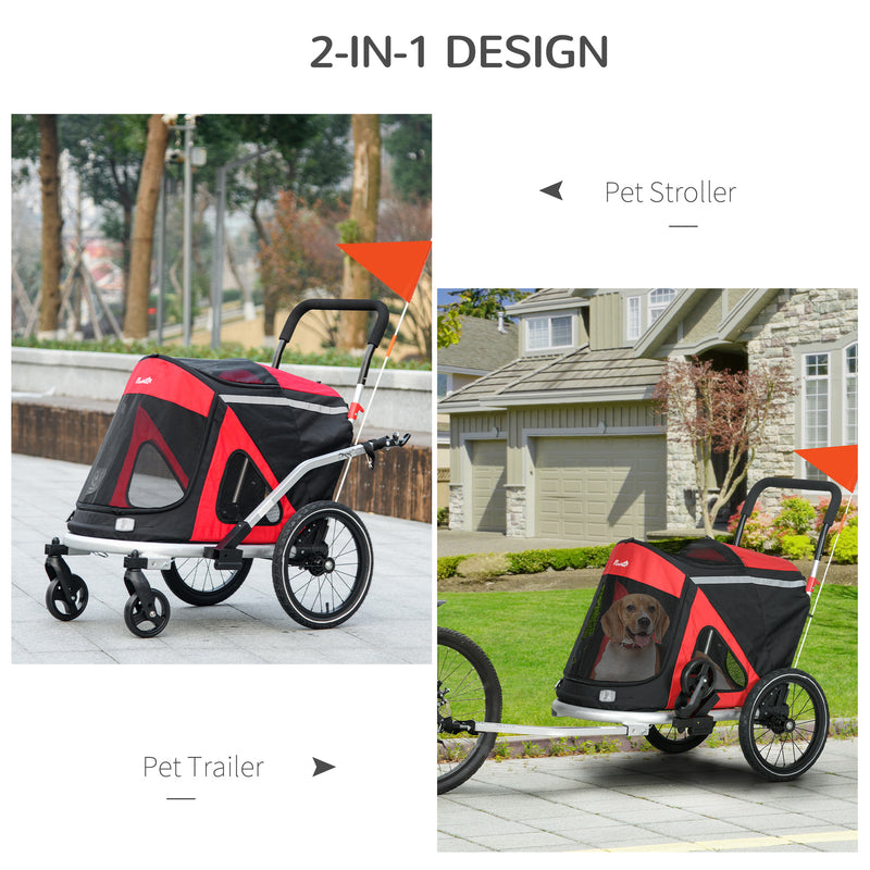 2 in 1 Aluminium Foldable Dog Bike Trailer, Pet Stroller, for Medium Dogs - Red