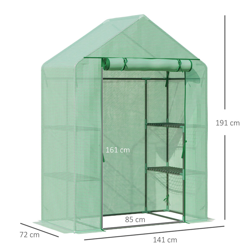Walk-In Greenhouse Portable Gardening Plant Grow House with 2 Tier Shelf, Roll-Up Zippered Door and PE Cover, 141 x 72 x 191 cm