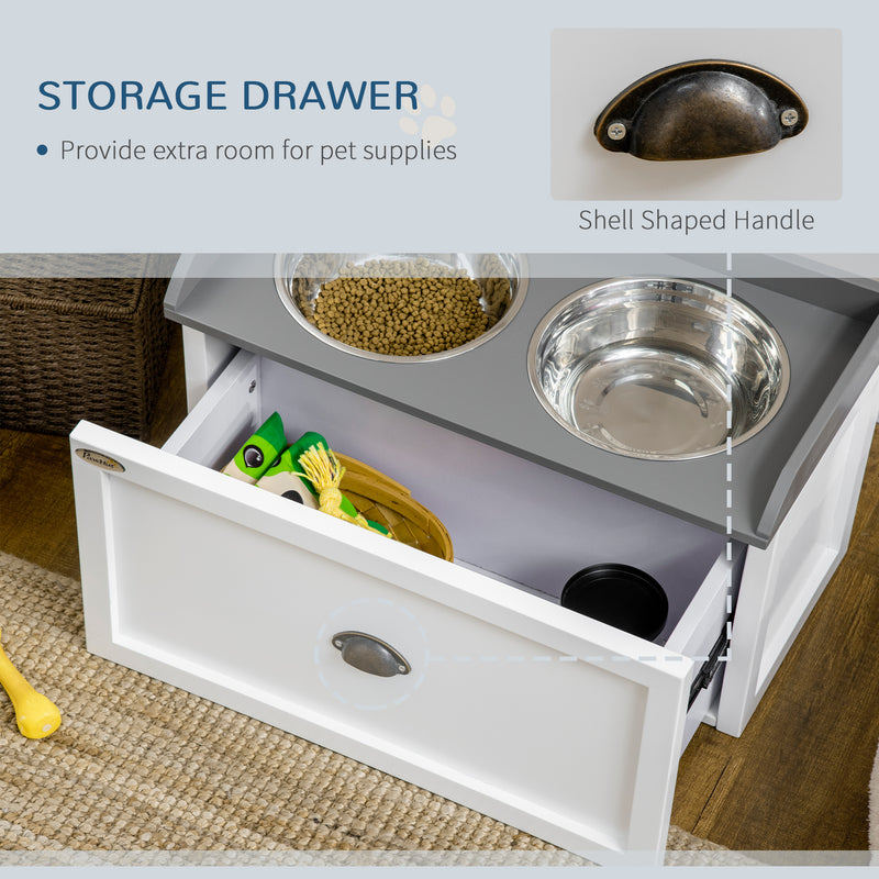Stainless Steel Raised Dog Bowls with 21L Storage Drawer for Large Dogs and Cats - White