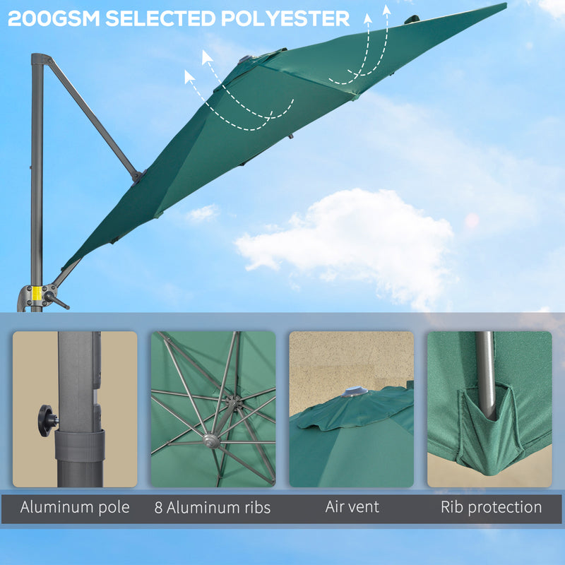 3 x 3(m) Cantilever Parasol with Cross Base, Garden Umbrella with 360° Rotation, Crank Handle and Tilt for Outdoor, Patio, Green