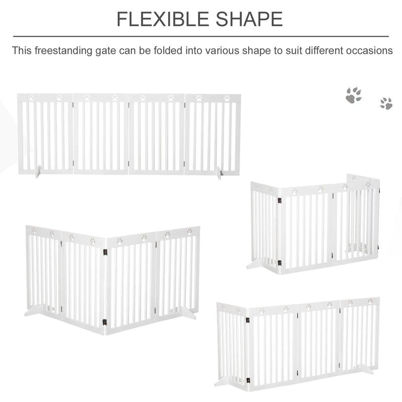Pet Gate 4 Panel Wooden Foldable Fence Freestanding Dog Safety Barrier with 2 Support Feet for Doorways Stairs 80'' x 30'' White