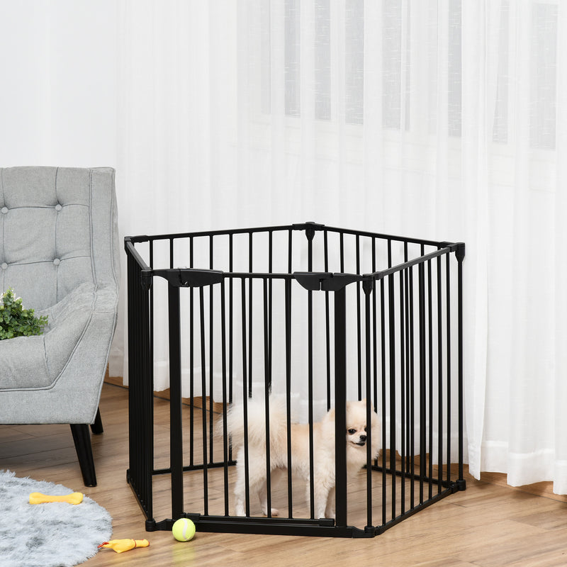 Stair Gate Dog Pens Pet PlayPen 5-Panel Freestanding Fireplace Christmas Tree Metal Fence Stair Barrier Room Divider with Walk Through Door