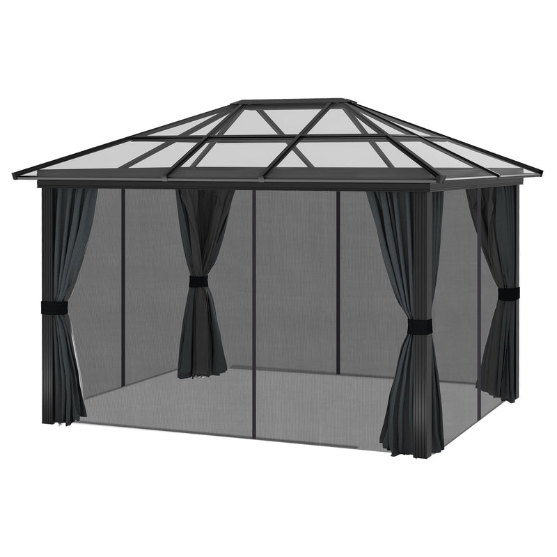 3 x 3.6m Hardtop Gazebo with UV Resistant Polycarbonate Roof and Aluminium Frame, Garden Pavilion with Mosquito Netting and Curtains