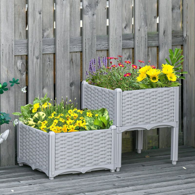 40cm x 40cm x 44cm Set of 2 Garden Raised Bed Elevated Patio Flower Plant Planter Box PP Vegetables Planting Container, Grey