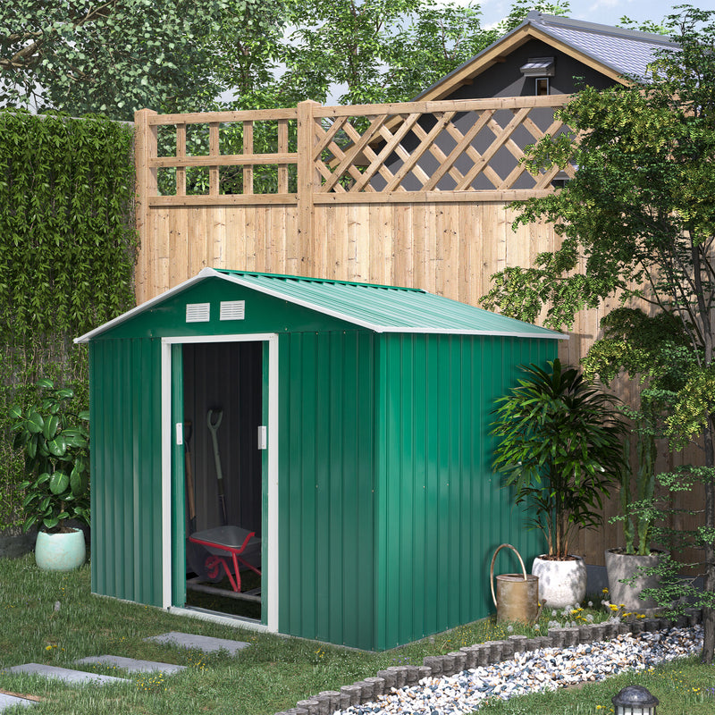 Lockable Garden Shed Large Patio Tool Metal Storage Building Foundation Sheds Box Outdoor Furniture (9 x 6 FT, Green)