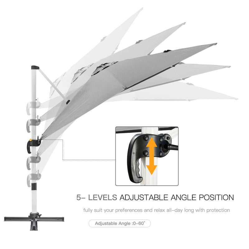 3 x 3(m) Cantilever Parasol, Square Garden Umbrella with Cross Base, Crank Handle, Tilt, 360° Rotation and Aluminium Frame, Grey